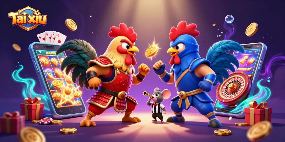 Bet on Tài xỉu with an epic showdown of cartoon roosters in a vibrant casino scene.