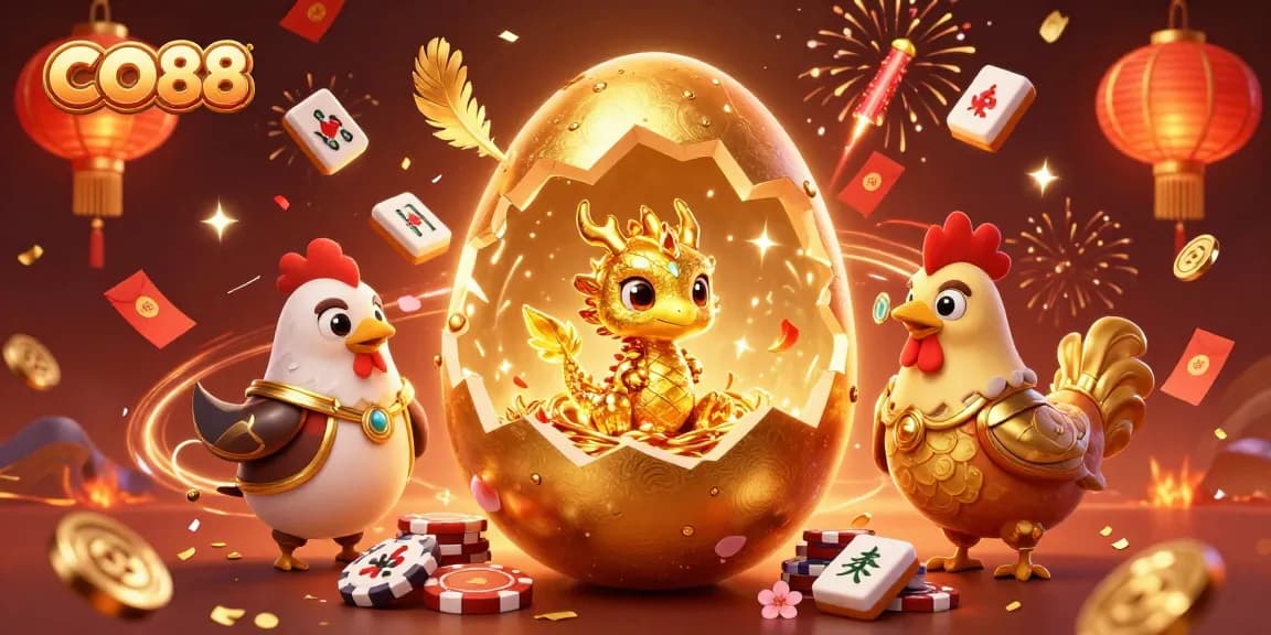 Experience thrilling adventures at CO88 with a golden dragon among vibrant gaming treasures.