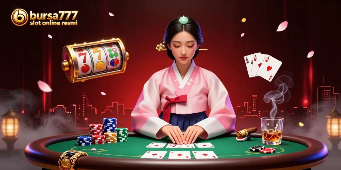 Bursa777 slot online resmi showcases a casino scene with vibrant elements including a serene Asian woman amidst poker chips and glowing symbols.