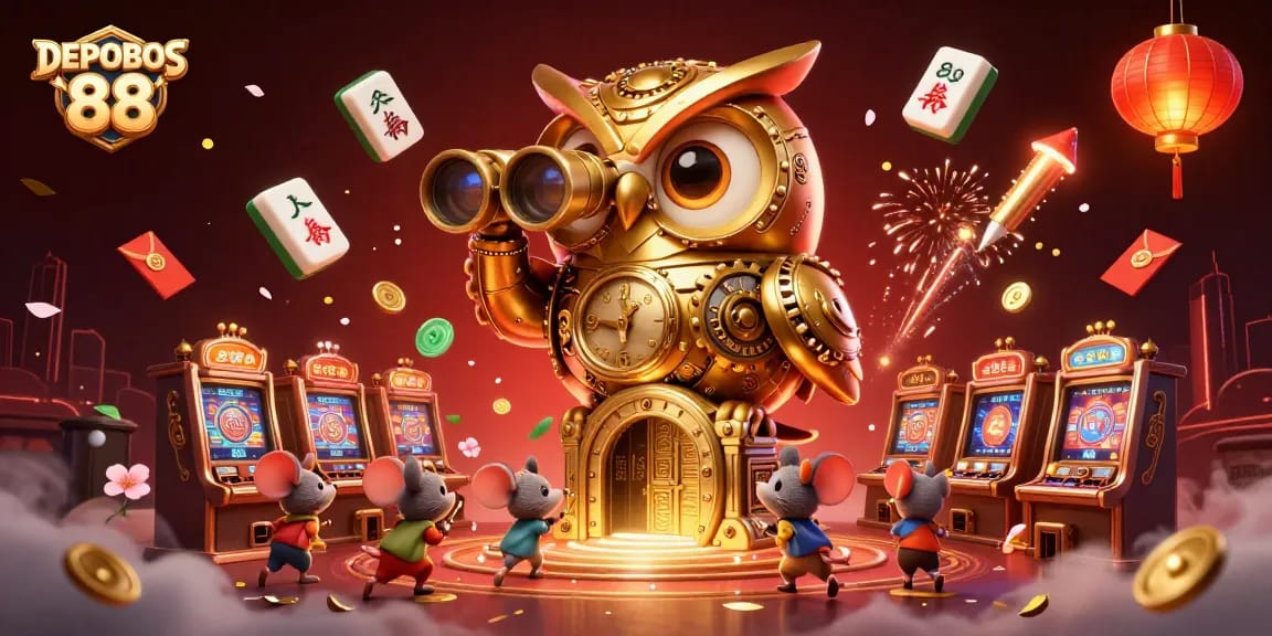 Experience thrilling gameplay with DEPOBOS 88, featuring a vibrant illustration of a casino floor and fantasy elements.