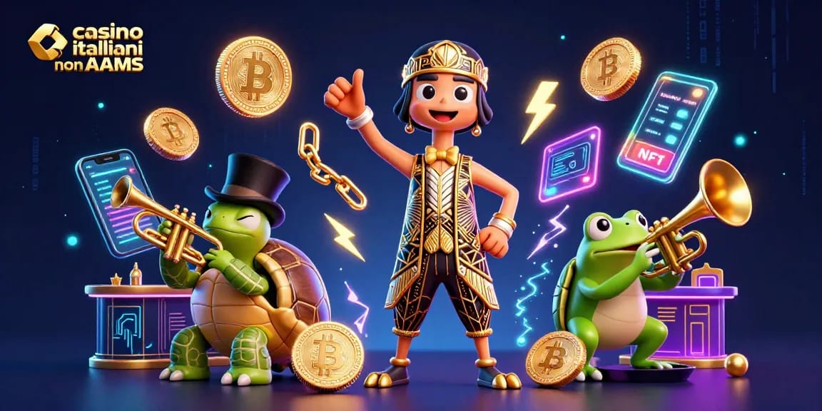 Interagisci con i casino italiani non AAMS attraverso una scena di casinò 3D vibrante e dettagliata con personaggi affascinanti ed elementi crypto.