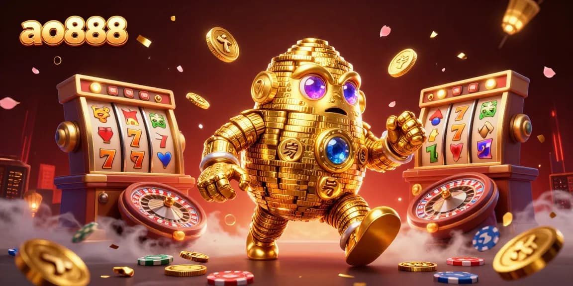 Experience thrilling gambling with ao888's golden golem surrounded by slot reels and poker chips