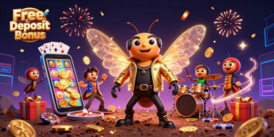 Win big with Free No Deposit Bonus in this vibrant casino scene featuring a cartoon rock star