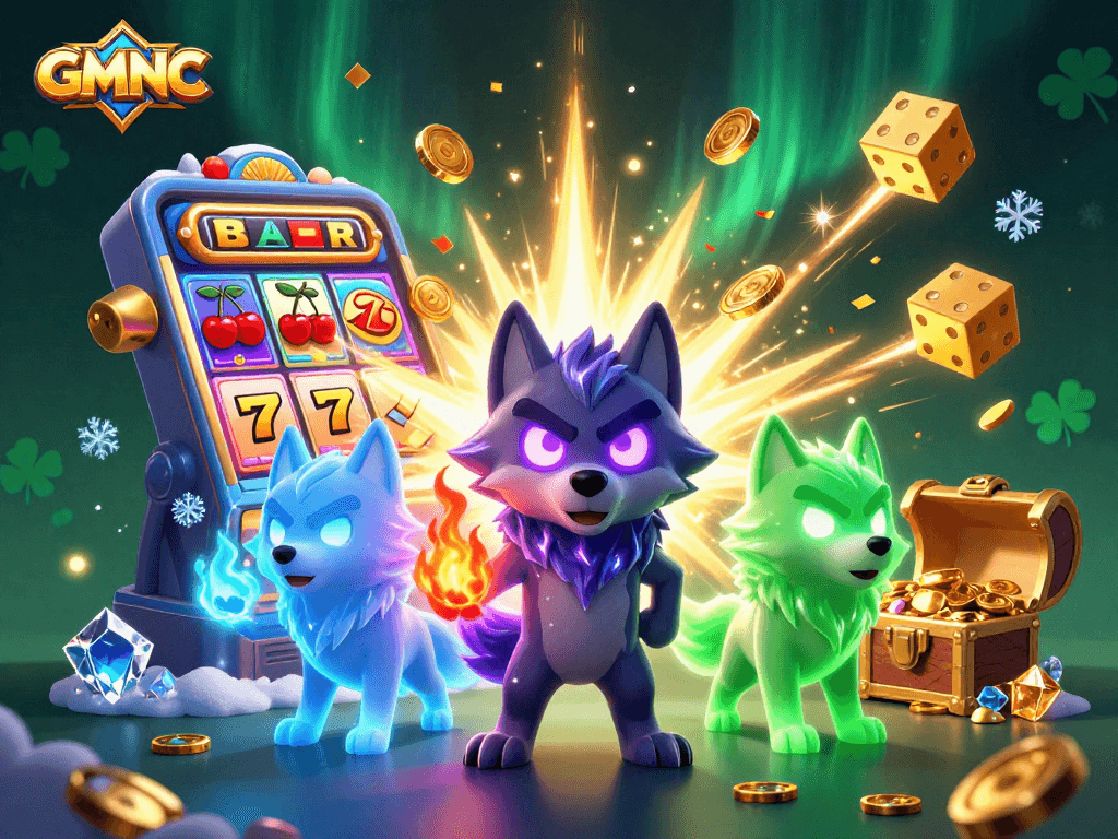 Experience the thrill of GMNC with captivating casino visuals featuring dazzling slot machines and poker elements.