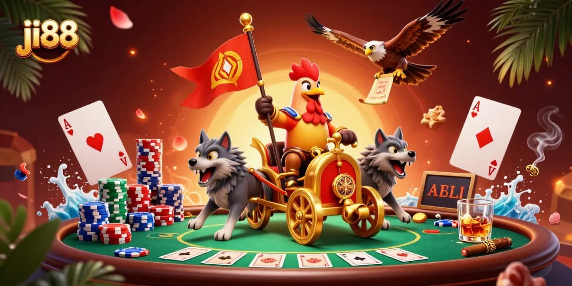 Play poker and win big with ji88 in an epic 3D illustration featuring gaming elements.