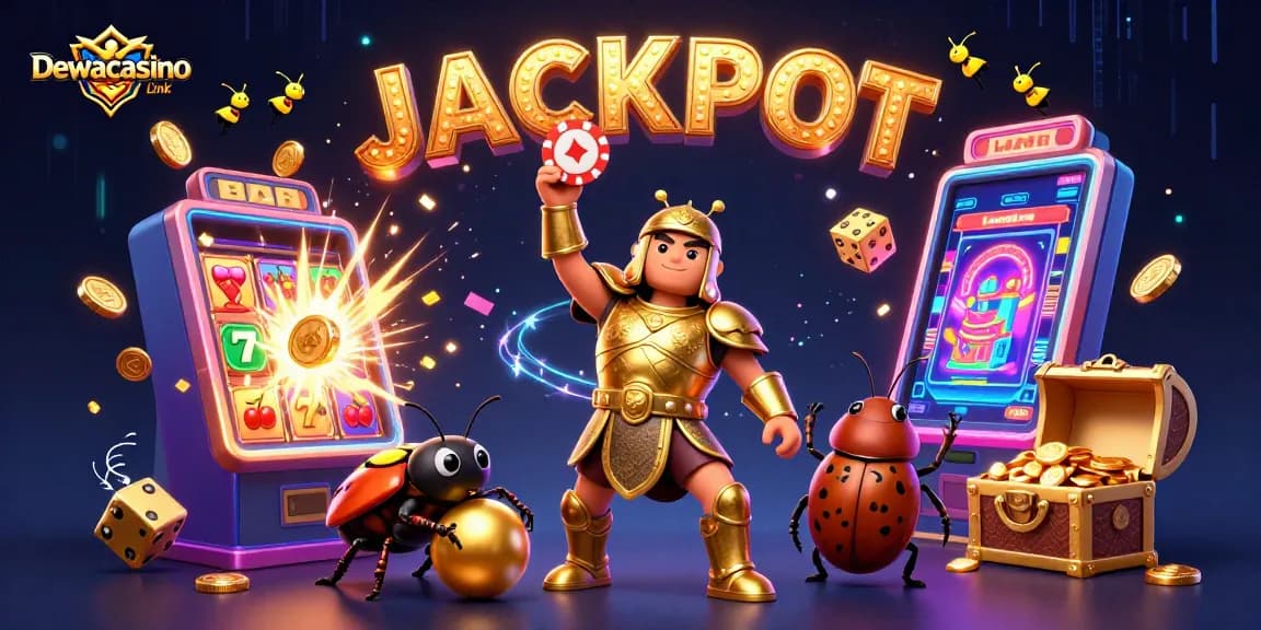 Experience big wins at Dewacasino Link with vibrant 3D casino-themed illustration featuring jackpot excitement.