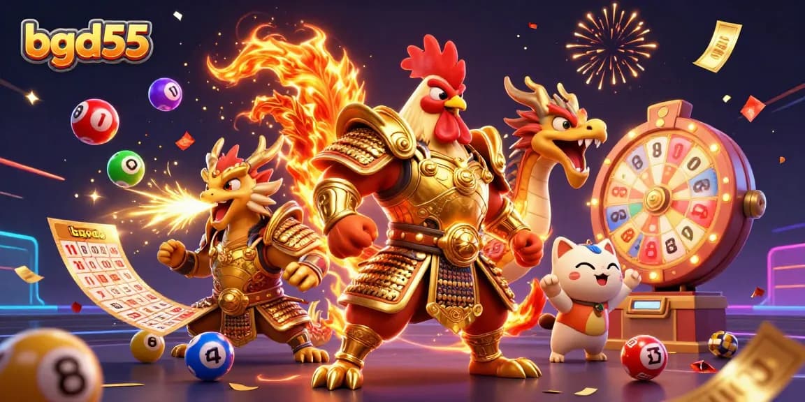 bgd55 showcases a vibrant casino scene with a golden rooster warrior and dynamic gaming elements.
