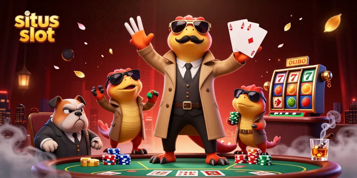 Engage in thrilling situs slot action with three cartoon raptors sneaking into a casino lounge.