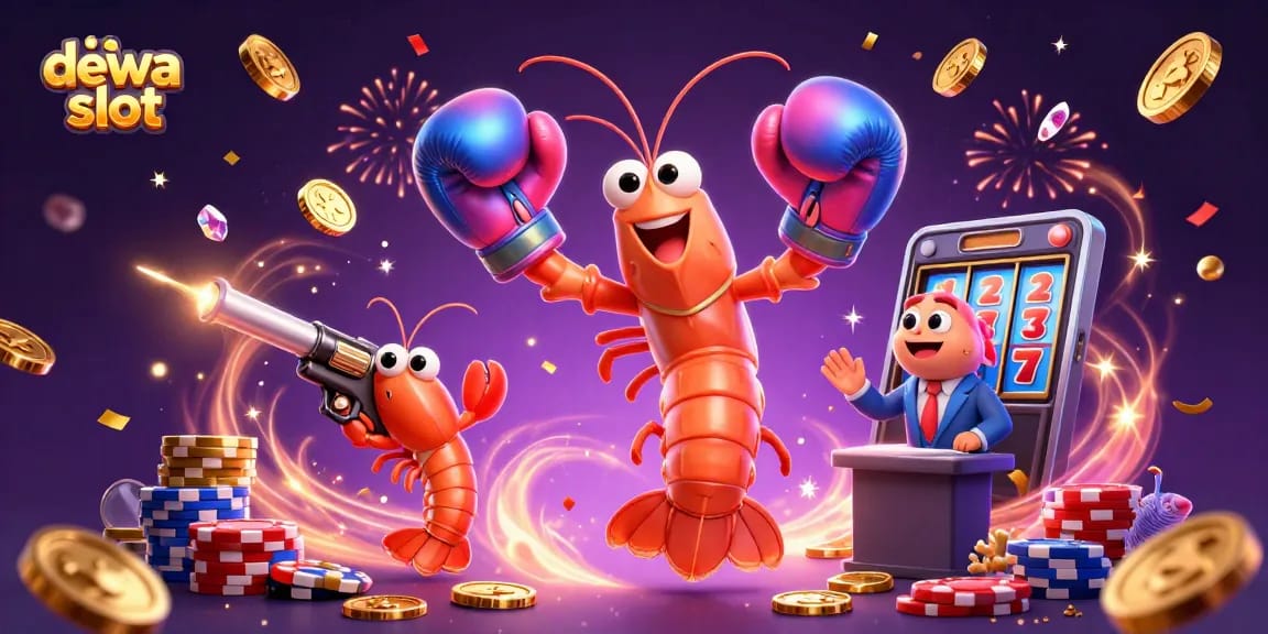 Win big at dewa slot with vibrant casino-themed illustration of cartoon shrimp and dynamic gaming elements.