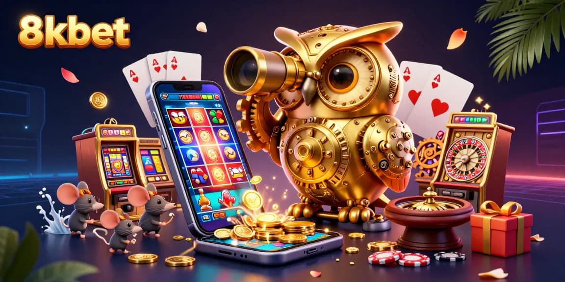 8xbet's colorful casino scene showcasing a golden owl and interactive gaming elements for an exciting online experience.