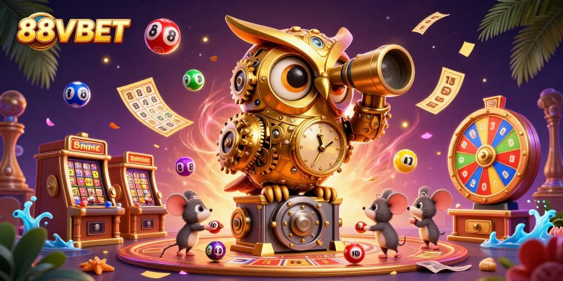 Engage with 88VBET as a golden owl oversees a vibrant casino scene of thrilling games.