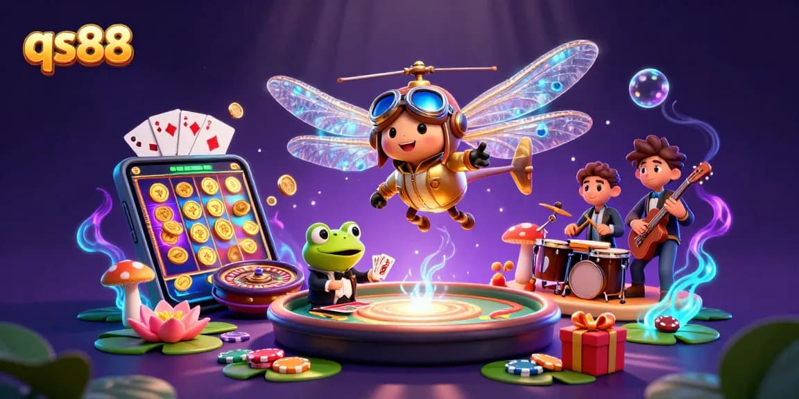 qs88 casino scene with colorful slot games, a dragonfly pilot, and a frog dealer engaging players.