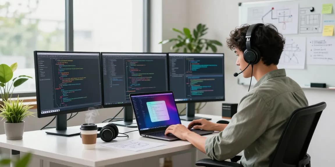 Focused programmer developing a software application, showcasing a vibrant coding environment with multiple screens and project notes.