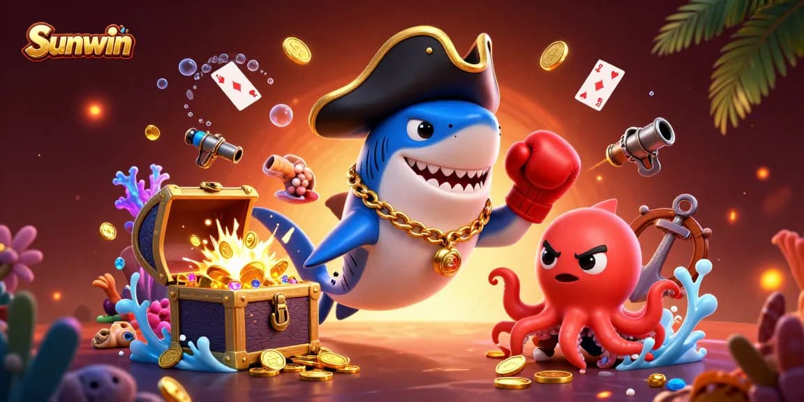 Engage in thrilling games at Sunwin with a vibrant underwater casino scene featuring a cartoon pirate shark, pufferfish, and octopus.
