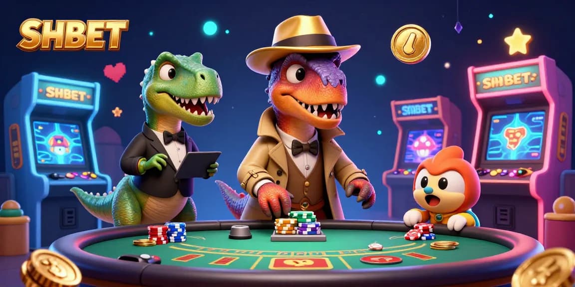Place bets and win big at SHBET with cartoon characters in a vibrant casino setting.