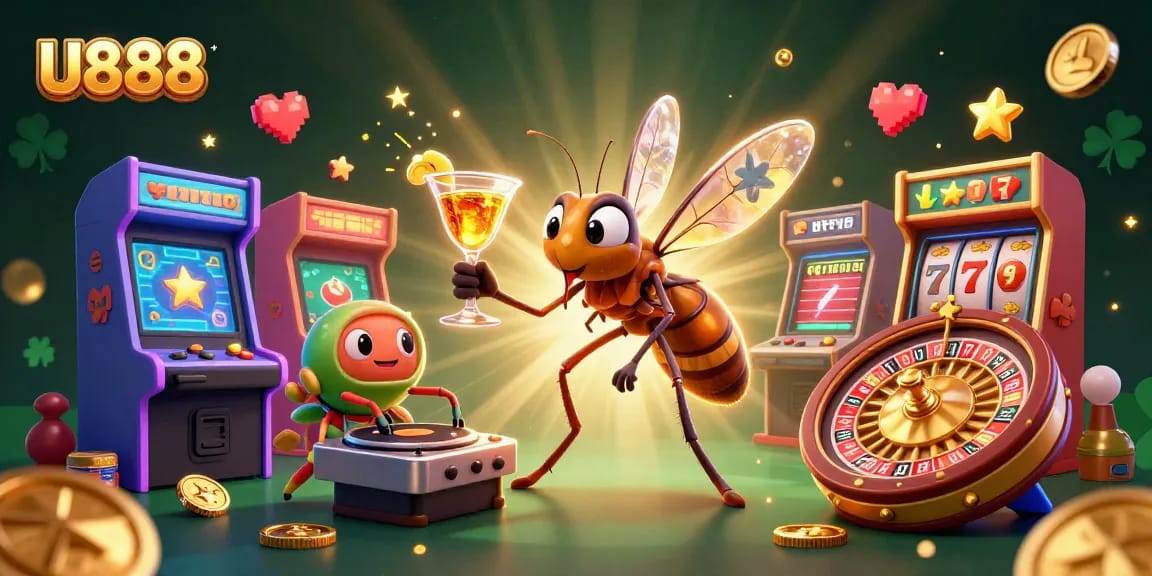 Engage with U888’s vibrant gaming scene featuring an animated casino mascot, colorful game machines, and a golden roulette wheel.