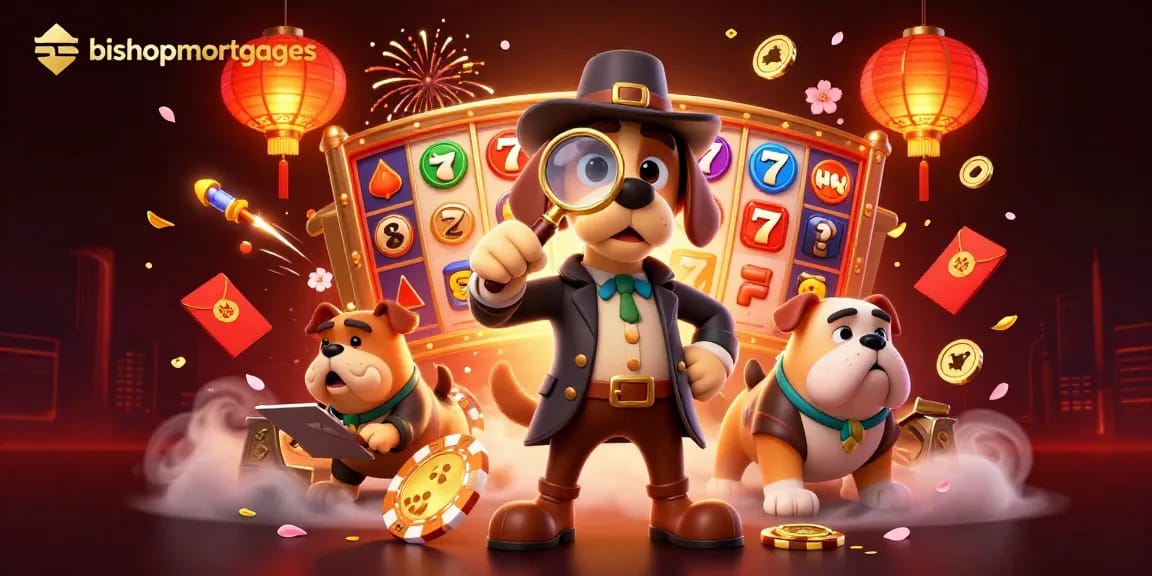 Engage with bishopmortgages as the detective uncovers slot machine treasures amidst vibrant, animated casino elements.