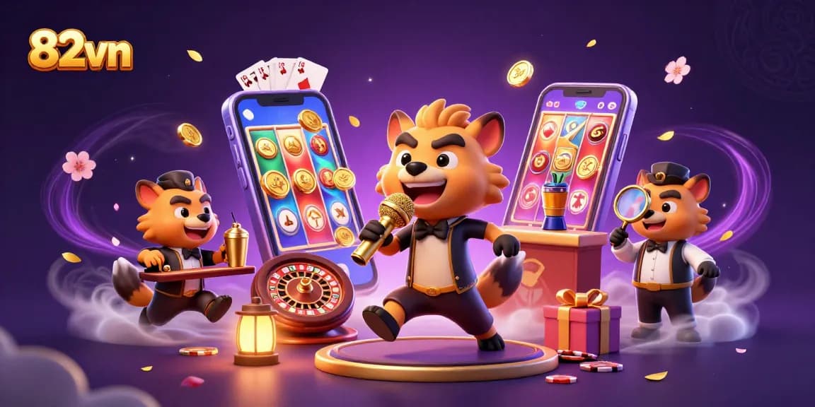 82vn hyenas run a lively comedy casino club, mixing drinks and telling jokes amidst vibrant gaming elements.