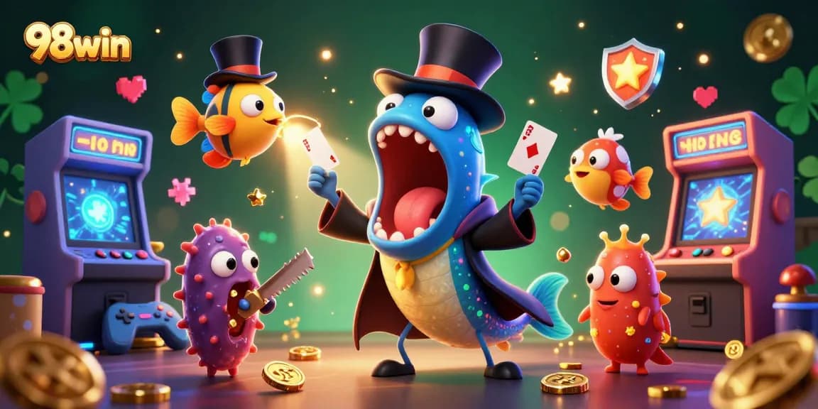 Engage with 98win in a vibrant underwater casino scene featuring magical characters and arcade elements.