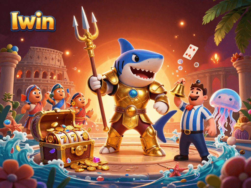 Iwin takes center stage in a festive underwater casino arena, featuring vibrant characters and dynamic gaming elements.