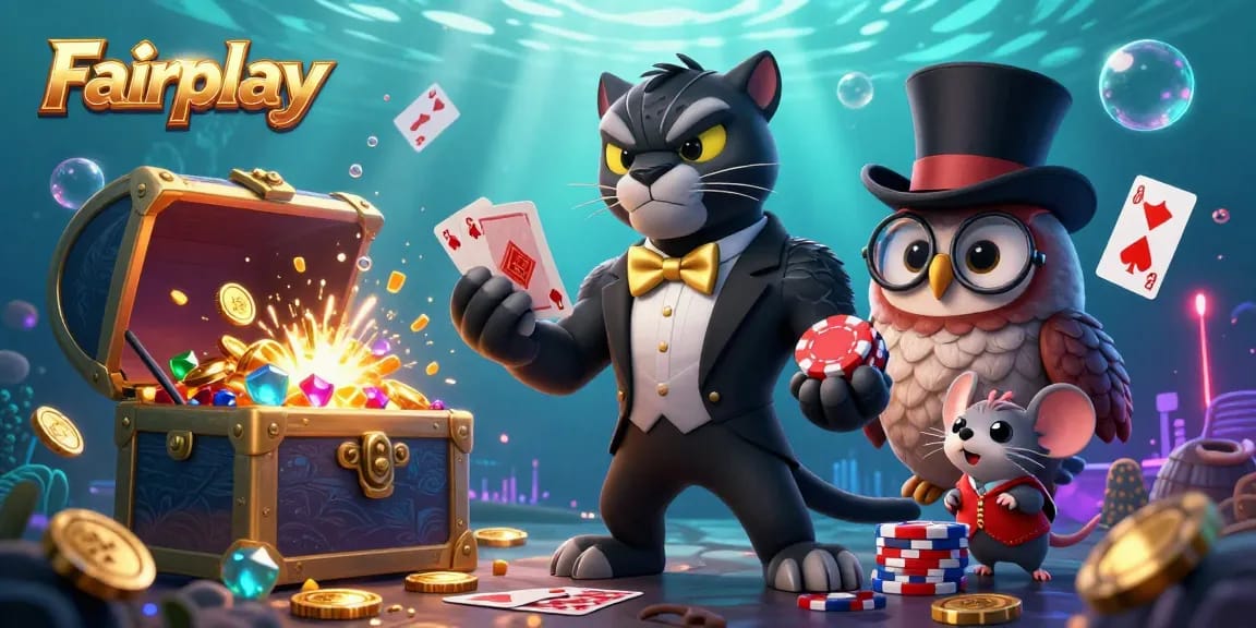 Experience Fairplay by joining a stylish black panther dealer, an owl holding chips, and a lucky mouse amidst glittering casino treasures.