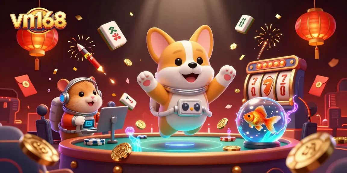 Experience the thrill of vn168 gaming with an astronaut corgi in a rich casino scene.