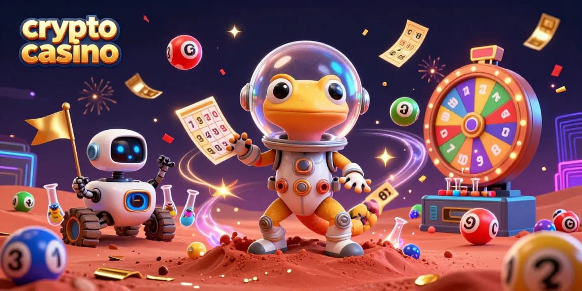Experience the excitement of a crypto casino with a Martian gecko discovering a sparkling galactic jackpot.