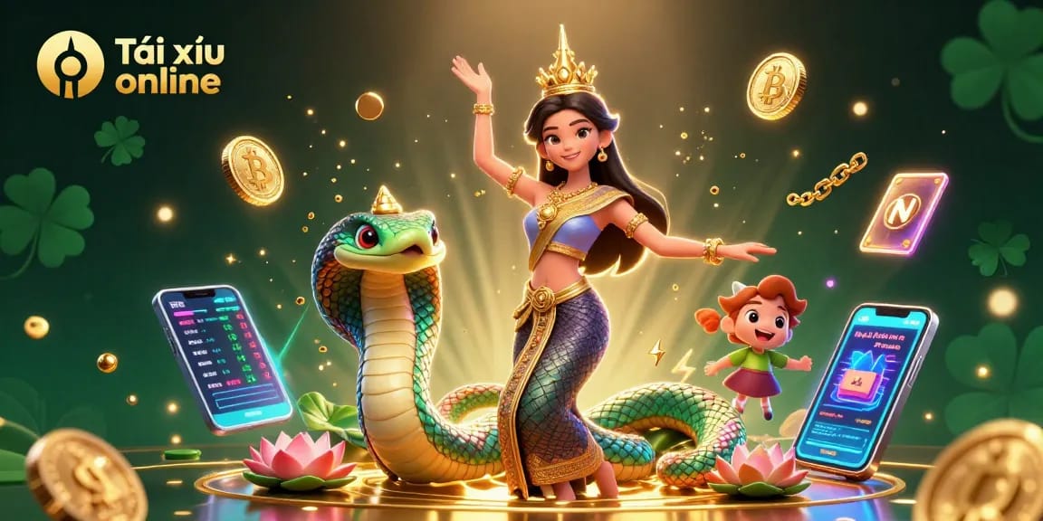 Experience Tài xỉu online with vibrant 3D characters and dynamic gambling elements amidst a rich, colorful backdrop.