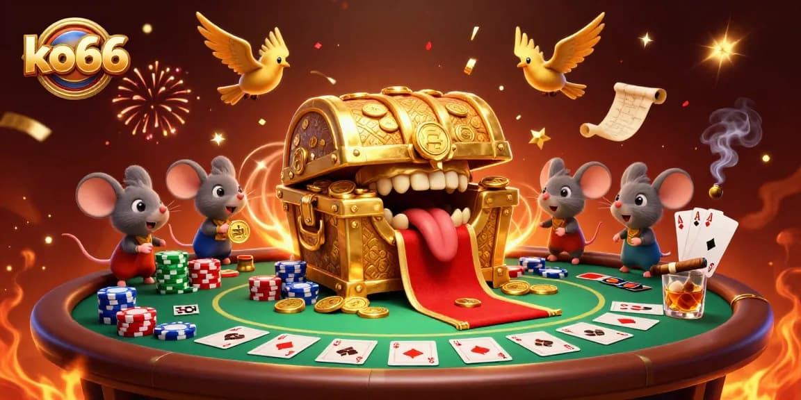 Engage with ko66's rich gaming environment featuring vibrant characters, poker elements, and dynamic casino atmosphere.