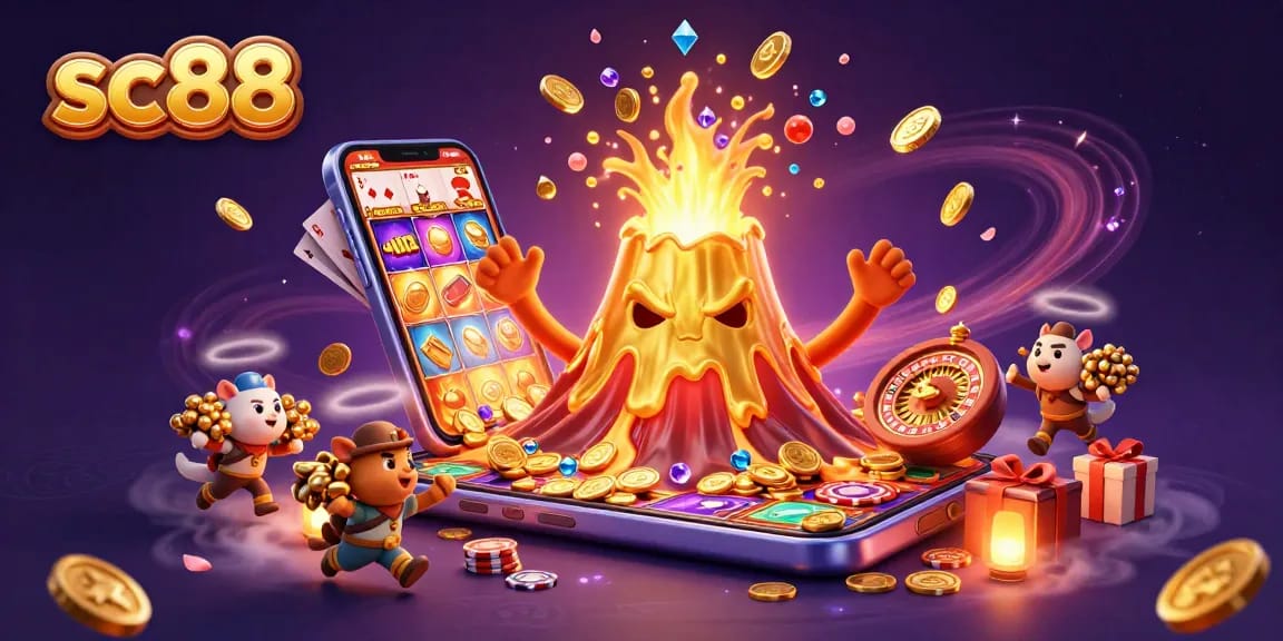 Join the action at sc88 with a vibrant illustration of a golden volcano showering coins and treasures in a thrilling casino scene.