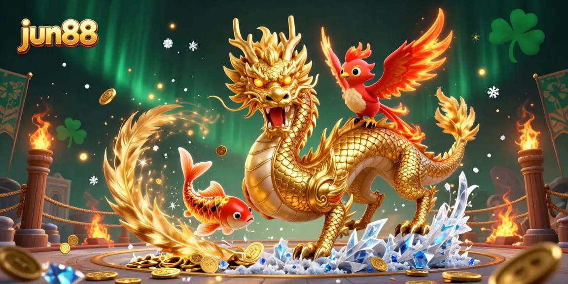 Experience thrilling action with jun88, showcasing a dynamic casino scene featuring mythic creatures and gold.