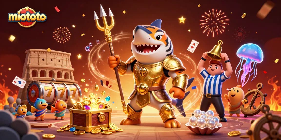 Experience excitement with miototo, featuring a fierce shark in an underwater casino scene.