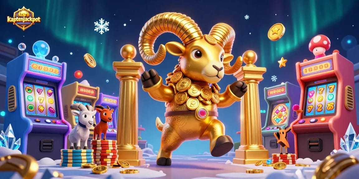 Experience the thrill of kaptenjackpot with an epic golden ram charging through a casino gate, surrounded by jackpot elements.
