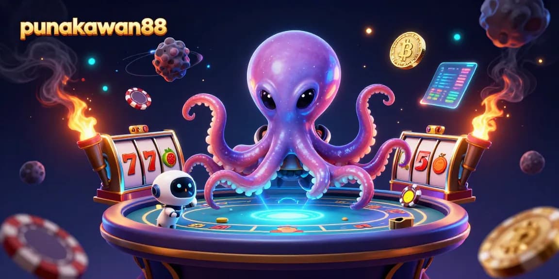 Punakawan88 showcases a vibrant scene of gambling excitement with casino stakes at a holographic poker table.