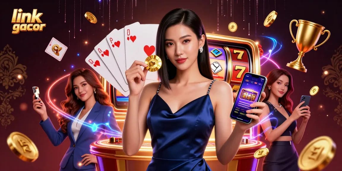 Engage with slot gacor online adventures featuring a stylish player holding a smartphone and casino chip.