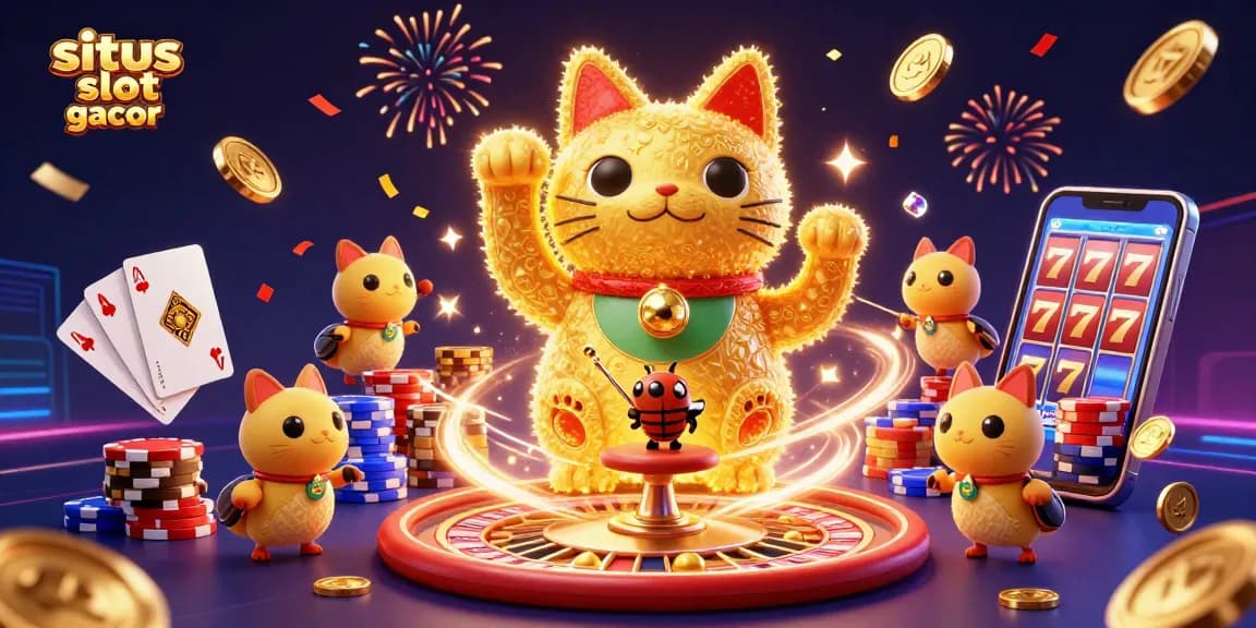 Experience the excitement of situs slot gacor with vibrant casino elements and a lucky cat illustration.