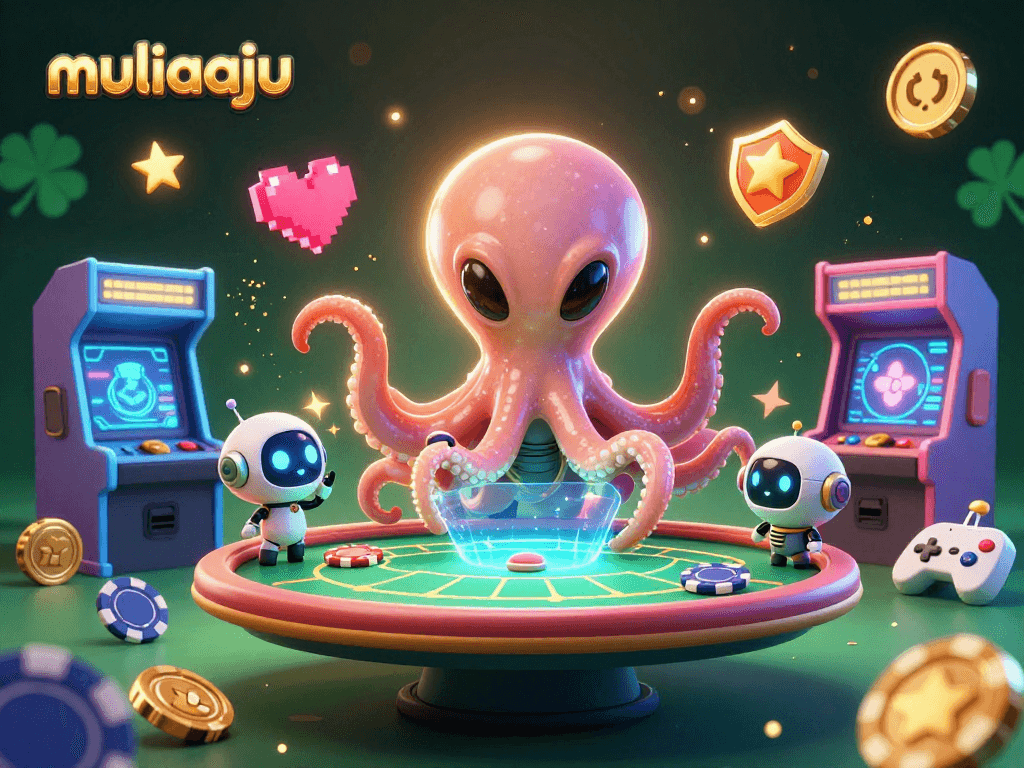 Experience thrilling gameplay at muliaaju with a vibrant alien casino scene featuring an octopus dealer and poker chips!