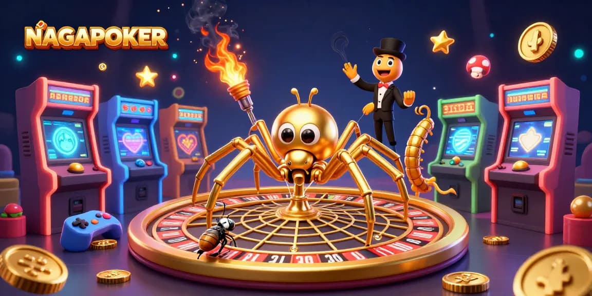 NAGAPOKER offers an engaging scene of a golden spider spinning a roulette wheel while a fly bets nervously.
