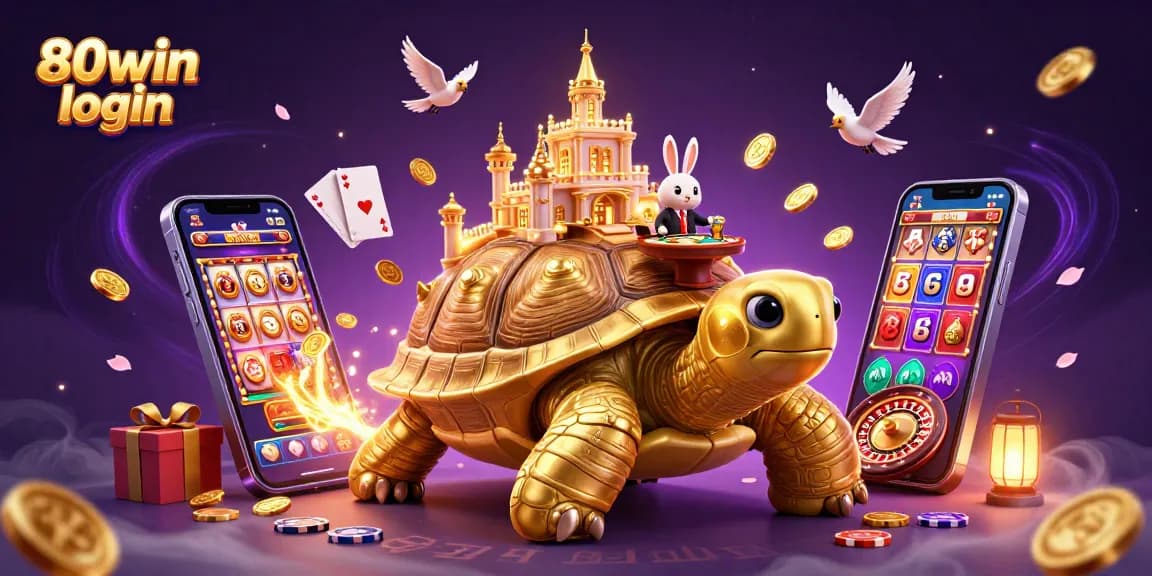 Experience the excitement of 80win login with a whimsical 3D casino scene featuring a golden tortoise and vibrant game elements.