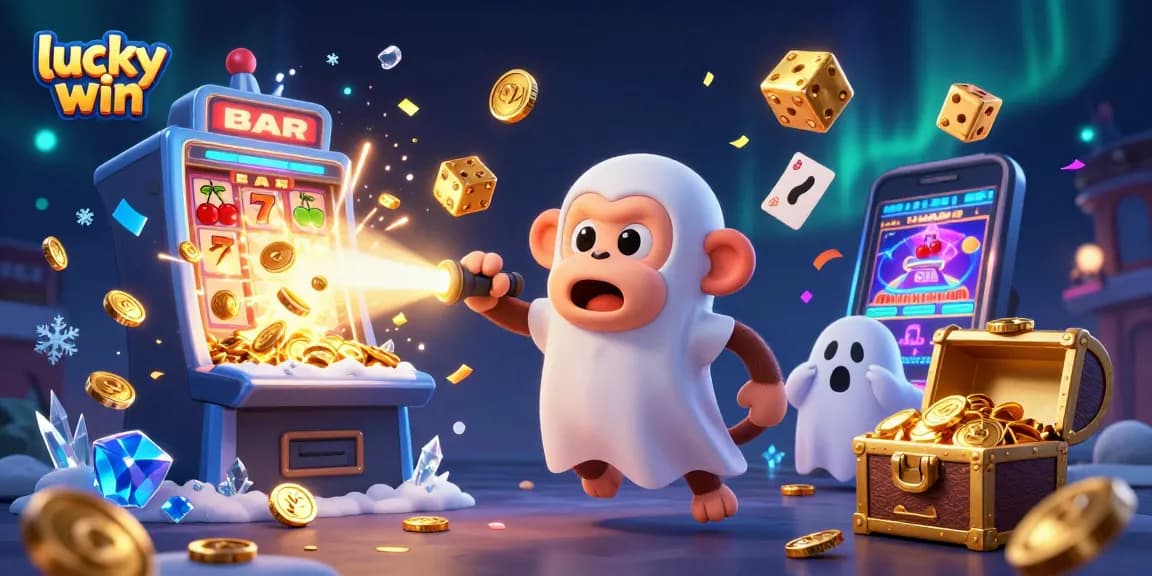Engage with lucky win themed casino excitement, featuring a playful monkey and a curious puppy.