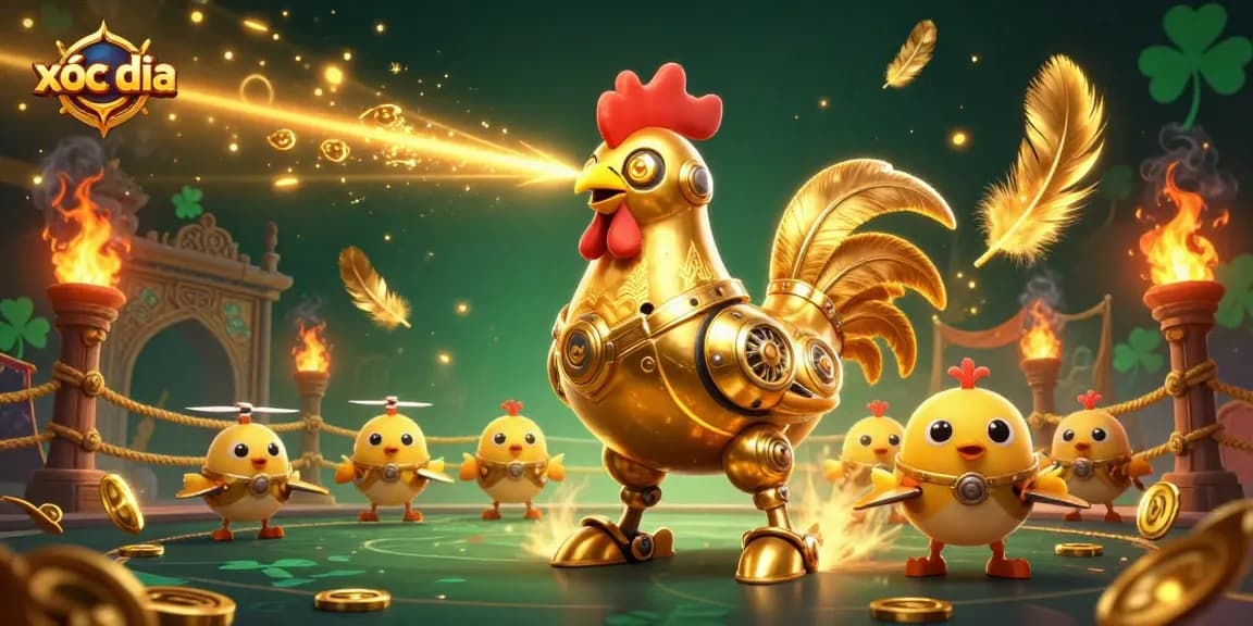 Engage in xóc đĩa with a dynamic scene featuring a golden rooster robot and baby chick drones.