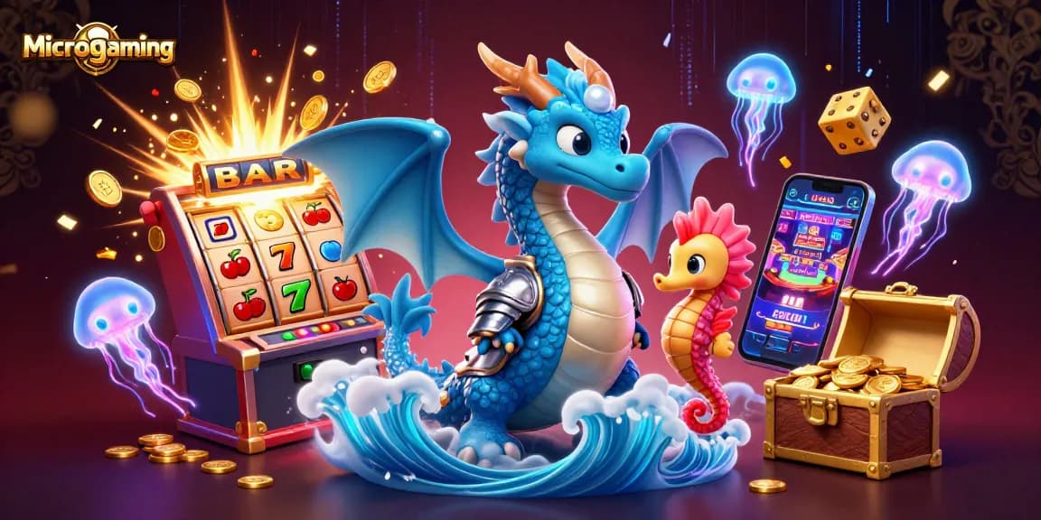 Mengulas keuntungan bermain Microgaming di kasino daring dengan ilustrasi naga air dan mesin slot berkedip menarik.