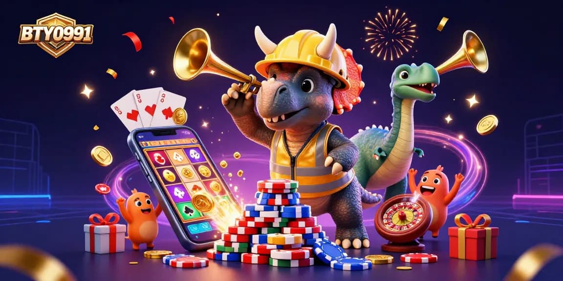 Engage with BTY0991's vibrant celebration as cartoon dinosaurs build a pyramid of poker chips.