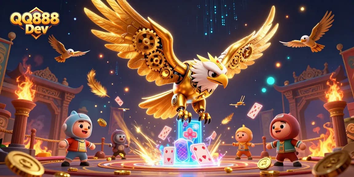 Experience thrilling gameplay with QQ888 Dev, featuring high-flying golden eagle and dynamic casino elements.