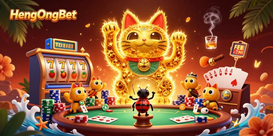 Experience the colorful excitement of HengOngBet's online gaming with a dynamic lucky cat formation.