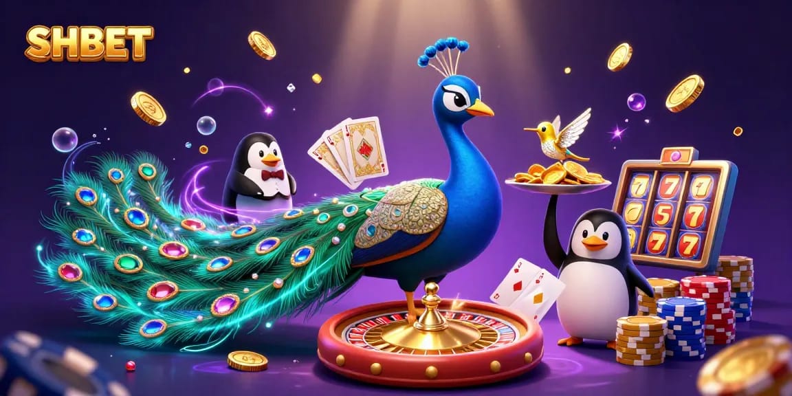 Experience the excitement of SHBET with vibrant casino elements and characters amidst a virtual gaming scene.