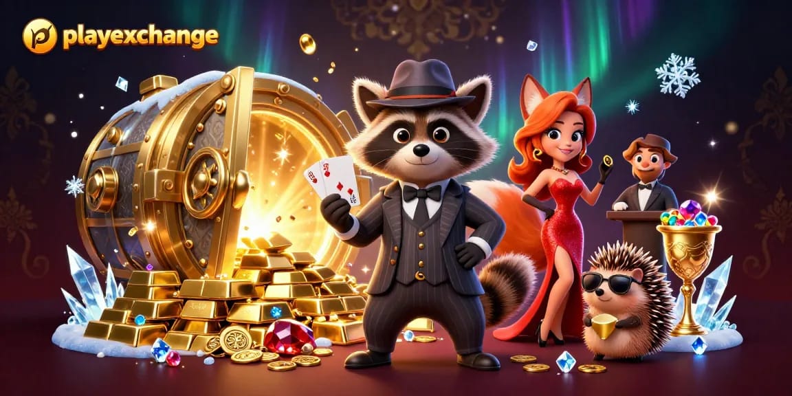 Engage with Playexchange's thrilling gambling environment with a suave raccoon and a glamorous fox.
