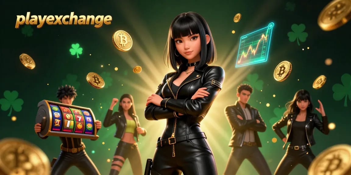 Win big with playexchange in a vibrant 3D Crypto Casino illustration featuring an assertive woman and floating slot symbols.