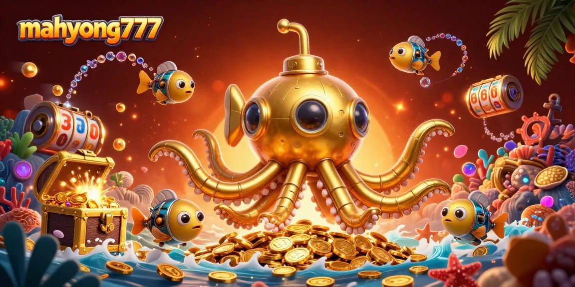 Play exciting slots at mahyong777 surrounded by a golden kraken submarine and mechanical fish in a treasure-filled scene.