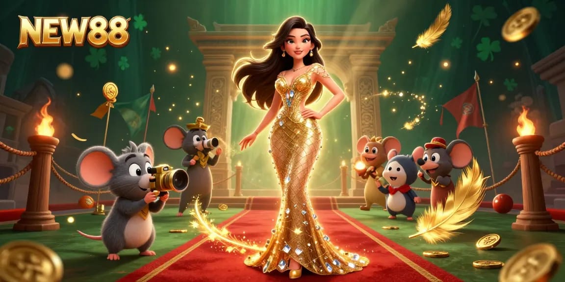 Experience excitement at NEW88 with a glamorous woman and a playful mouse surrounded by coins and casino elements.